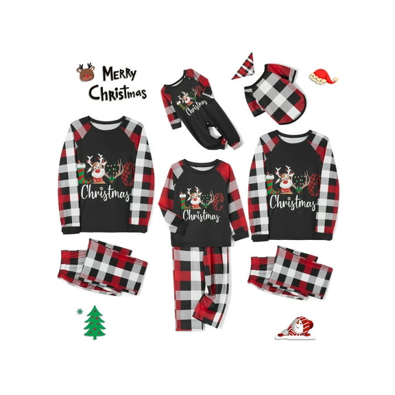 EWODOS Family Christmas Pjs Matching Set Holiday Sleepwear Long Sleeve Reindeer Plaid Loungewear