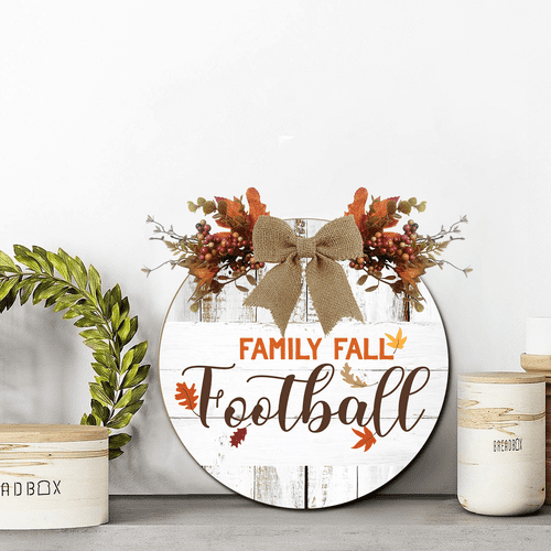 Lucidhisun Wooden Family Fall Football Welcome Sign for Front Door, Maple Leaf Round Wood Signs, Autumn Hanging for Football Season Farmhouse Porch Door Wall Window Decoration 12in