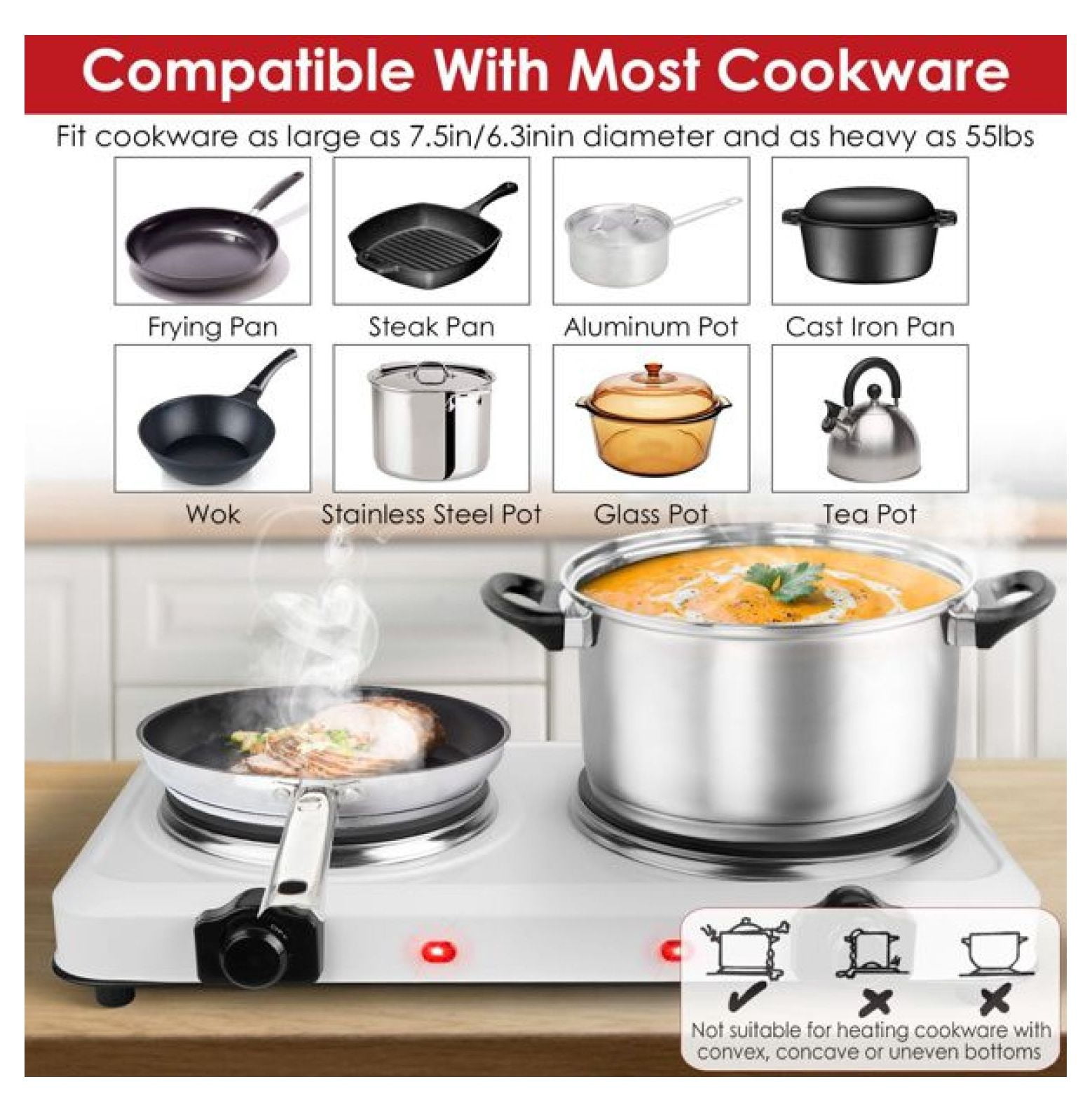 Electric Hot Plate for Cooking,Electric Cooktop 2 Burner,2000W Portable Electric Stove,Glass Cooktop Stepless Temperature Adjustments,Countertop Cooktop for Dorm,Compatible with All Cookware