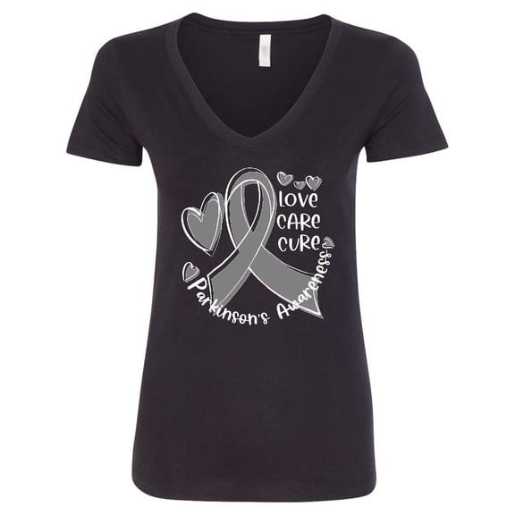 Inktastic Love, Care, Cure Parkinson's Awareness with Gray Ribbon Women's V-Neck T-Shirt