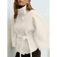 thumbnail image 6 of Women Batwing Sleeve Ponchos Pea Coat Wool Stand Collar Belt Capes Jacket Winter Cropped Overcoat White XXL, 6 of 7