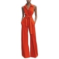 thumbnail image 2 of Maqroz Wide Leg Jumpsuits for Women Dressy Casual Summer Sleeveless Collared Tie Waist Coverall Button Down One Piece Outfits Wide Leg Pant with Pockets Orange S, 2 of 6