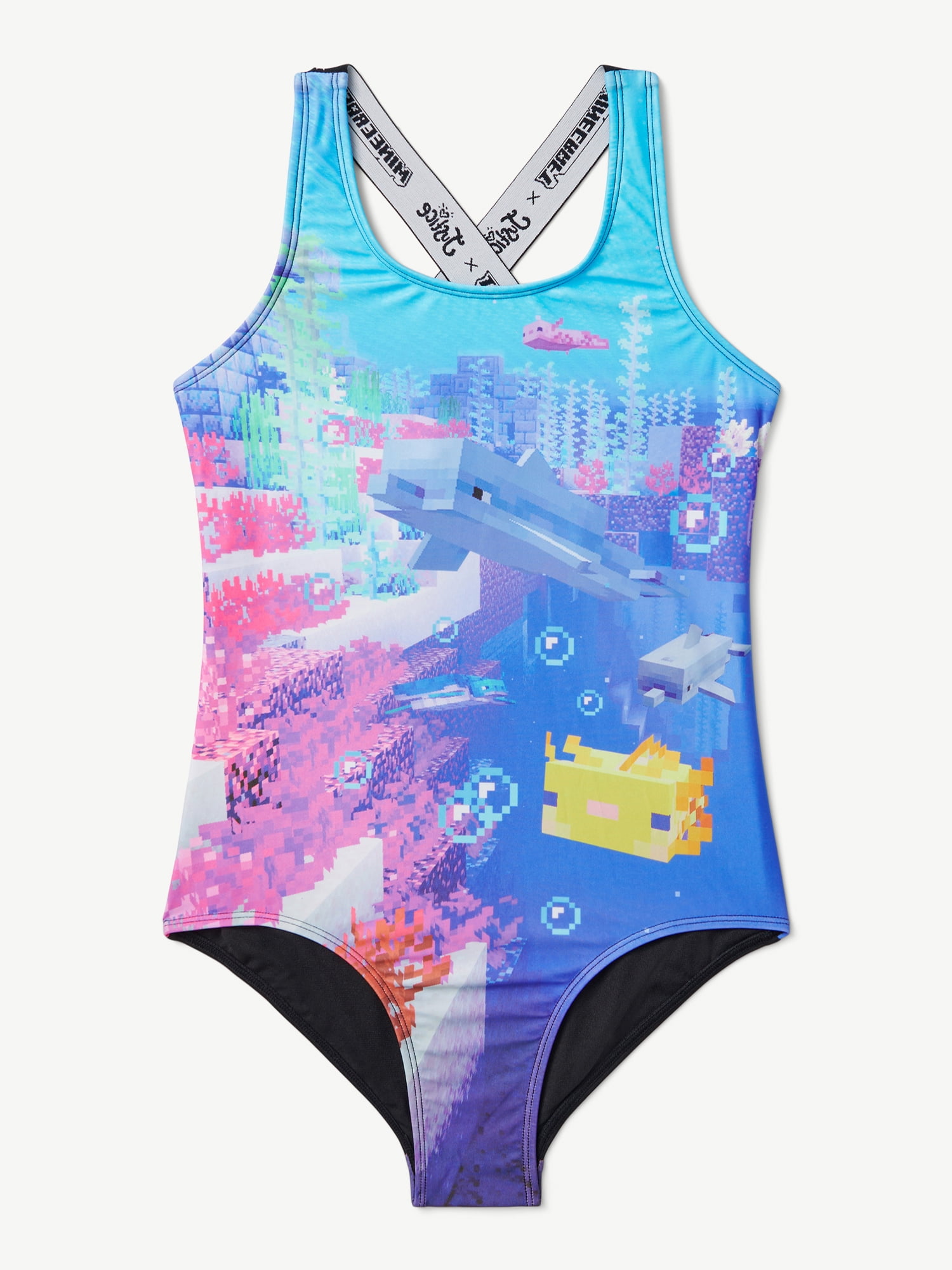 Justice Girls One-Piece Swimsuit Size L (12-14) Minecraft Print