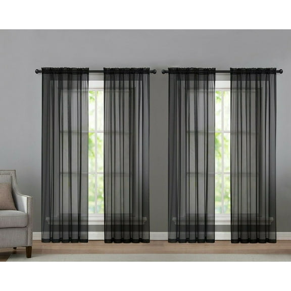 Kate Aurora 4 Pack Black Sheer Rod Pocket Curtains, 52” x 84” (4 Panels)