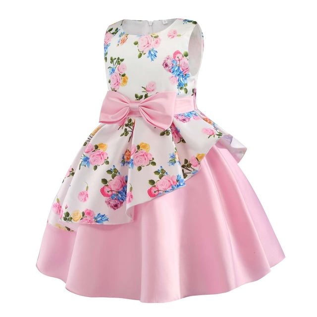 EQWLJWE Robe Bébé Fille Robe Enfant Fille Jupe Princesse Ourlet Irrégulier Robe Imprimée Costume de Performance avec Nœud