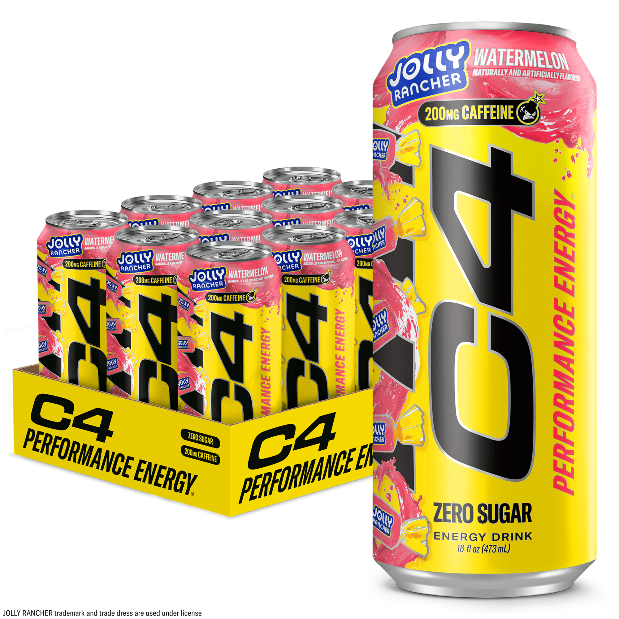 C4 Performance Energy Drink, Jolly Rancher Watermelon Flavor, Zero Sugar, Carbonated, 16 fl oz can, 12 Pack