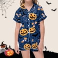 thumbnail image 2 of LIIPEE Girls Halloween Pajamas Cute Cartoon Graphic Print Short Sleeve Flat Collar Button Down Shirts And Shorts Sleepwear 2 Piece Set Kids Comfortable Holiday Party Nightwear,8-9 Years, 2 of 4