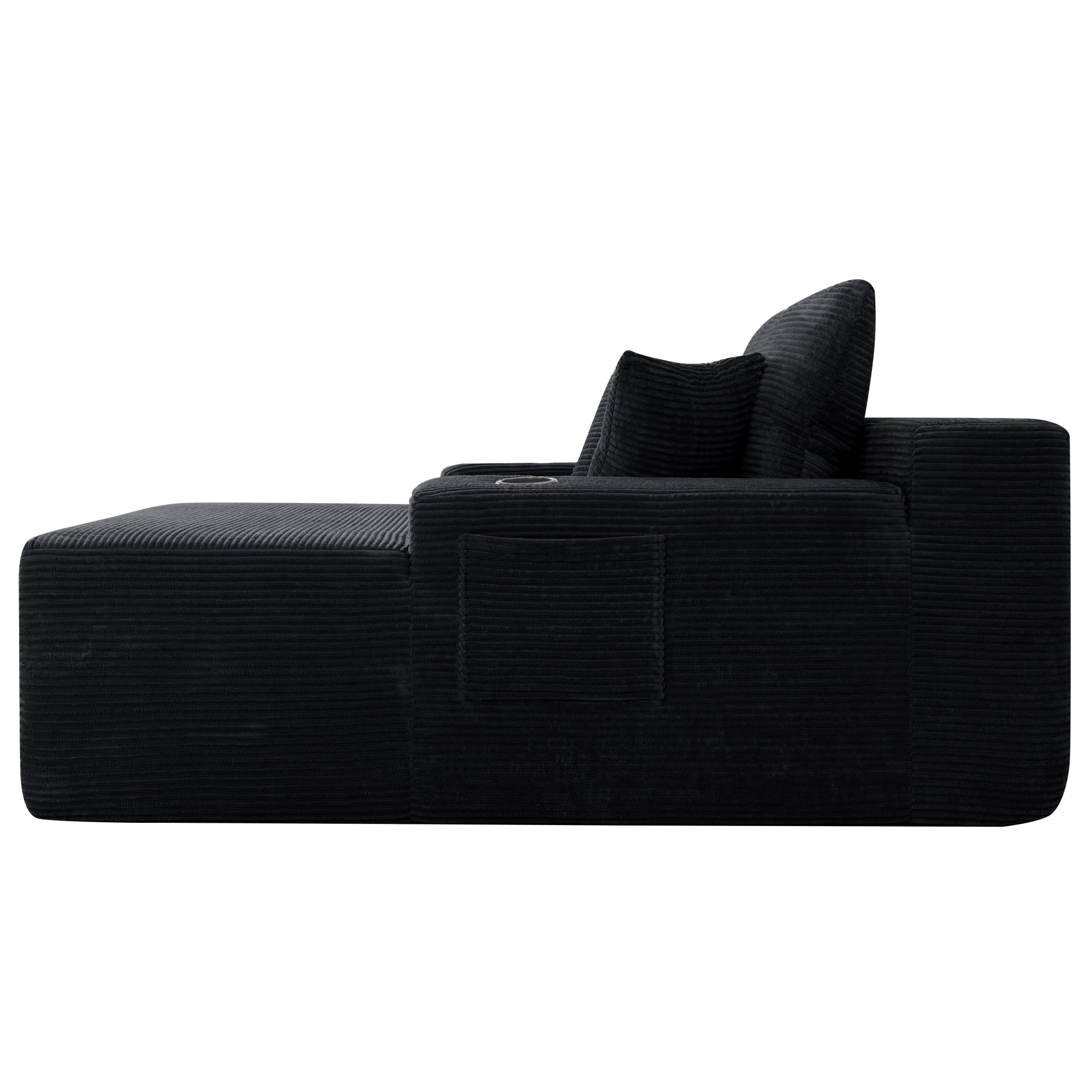 Leumius Oversized Chaise Lounge Chair Indoor,Upholstered Corduroy Cloud Couch Boneless Sofa Bed with Wide Armrest & Throw Pillows,Cup Holder for Living Room,Bedroom,No Assembly Required,Black