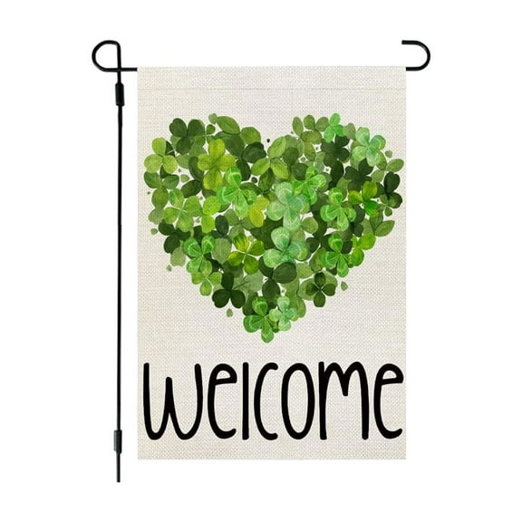 St. Patrick's Day Garden Flag, Double Sided Outdoor Decoration with Green Clovers, Burlap Garden Flag, Welcome Yard Flag for Holidays, Durable Design