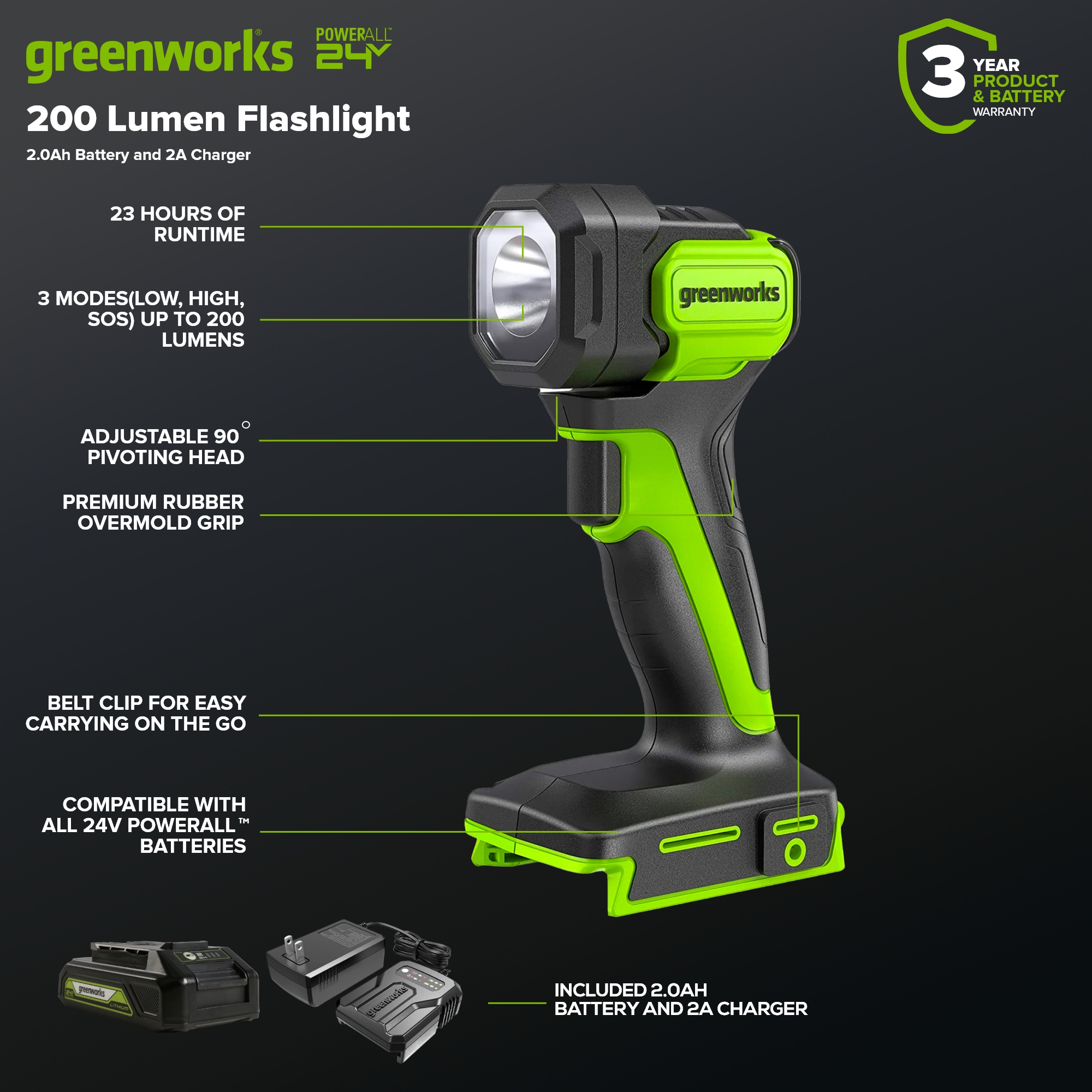 Greenworks 24V Cordless LED Flashlight Kit, 200lm Handheld Light, 2Ah Battery and Charger Included
