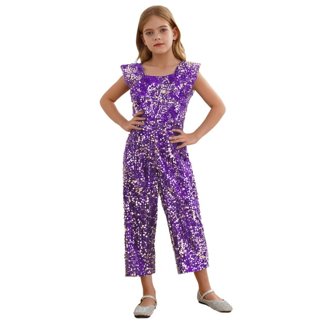 Runhomal Girl's Square Neck Sparkly Sequined Jumpsuit Wedding Birthday Pageant Romper Long Pants Formal Suit Violet Gold 10