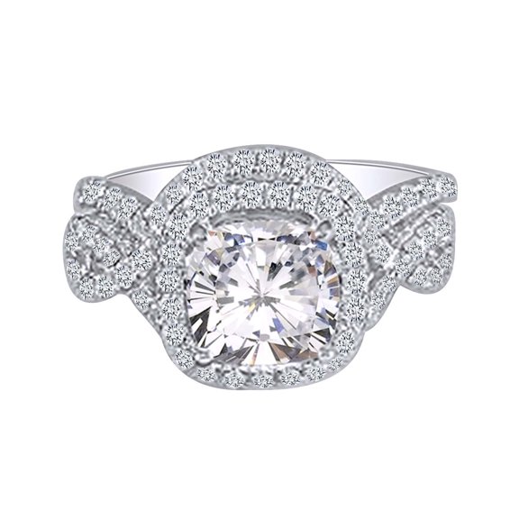 AFFY 14k White Gold Over Sterling Silver Center 2ct 7.5mm Cushion Cut Moissanite Bridal Engagement Ring Matching Band Wedding Sets Ring Size-5
