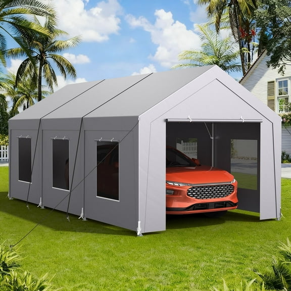 Dovov 10 x 20 ft Heavy Duty Carport, Portable Garage Metal Car Port Canopy Storage Shelter Tent with 6 Roll-up Ventilated Windows & Removable Sidewalls, Light Gray