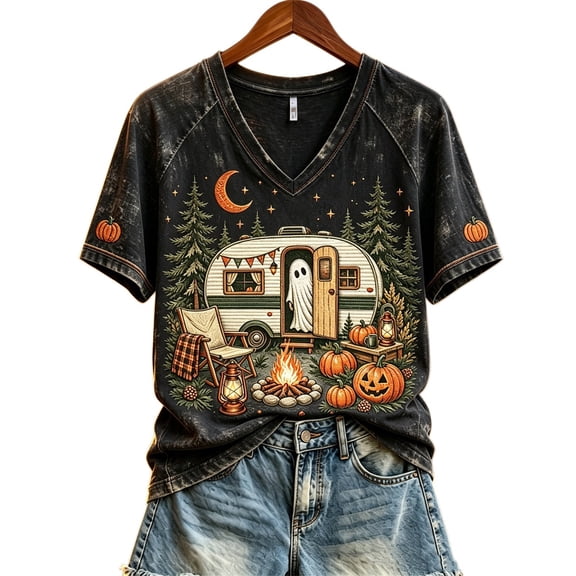 Stralyhd Fall Pumpkin Graphic Women Shirts Campfire Print Tee Festival Gathering V‑neck Top Cottagecore Short Sleeve Shirt S