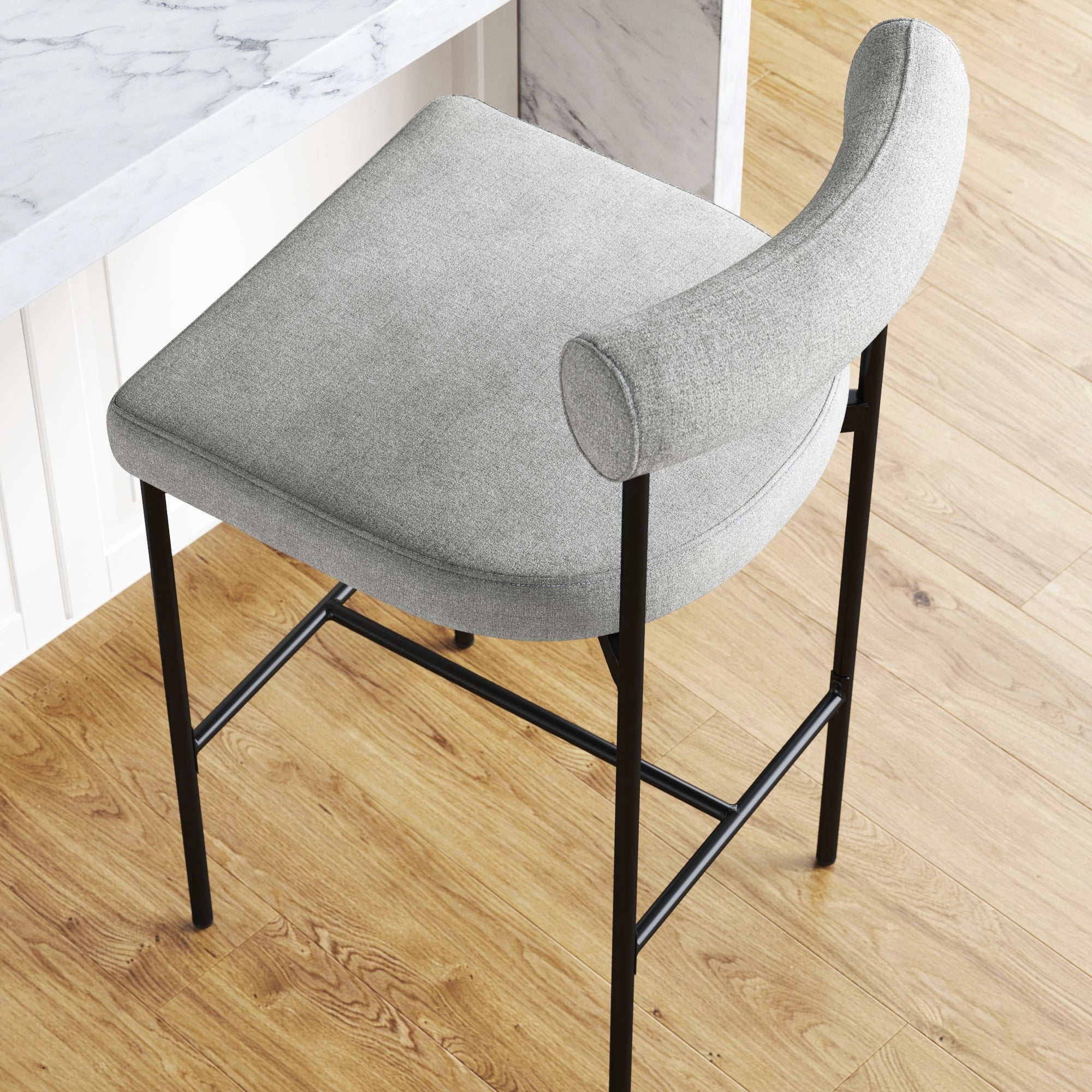 Nathan James Dahlia Bar Stool with Back & Mid-Century Metal Legs, Light Gray/Black
