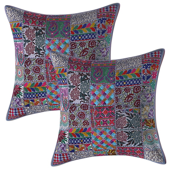 Stylo Culture Indian Decorative Sofa Cotton Grey Large Throw Pillow Covers 24x24 Patchwork Vintage Modern Throw Pillow Covers Abstract Floral 60x60 cm Cushion Covers (Set Of 2)