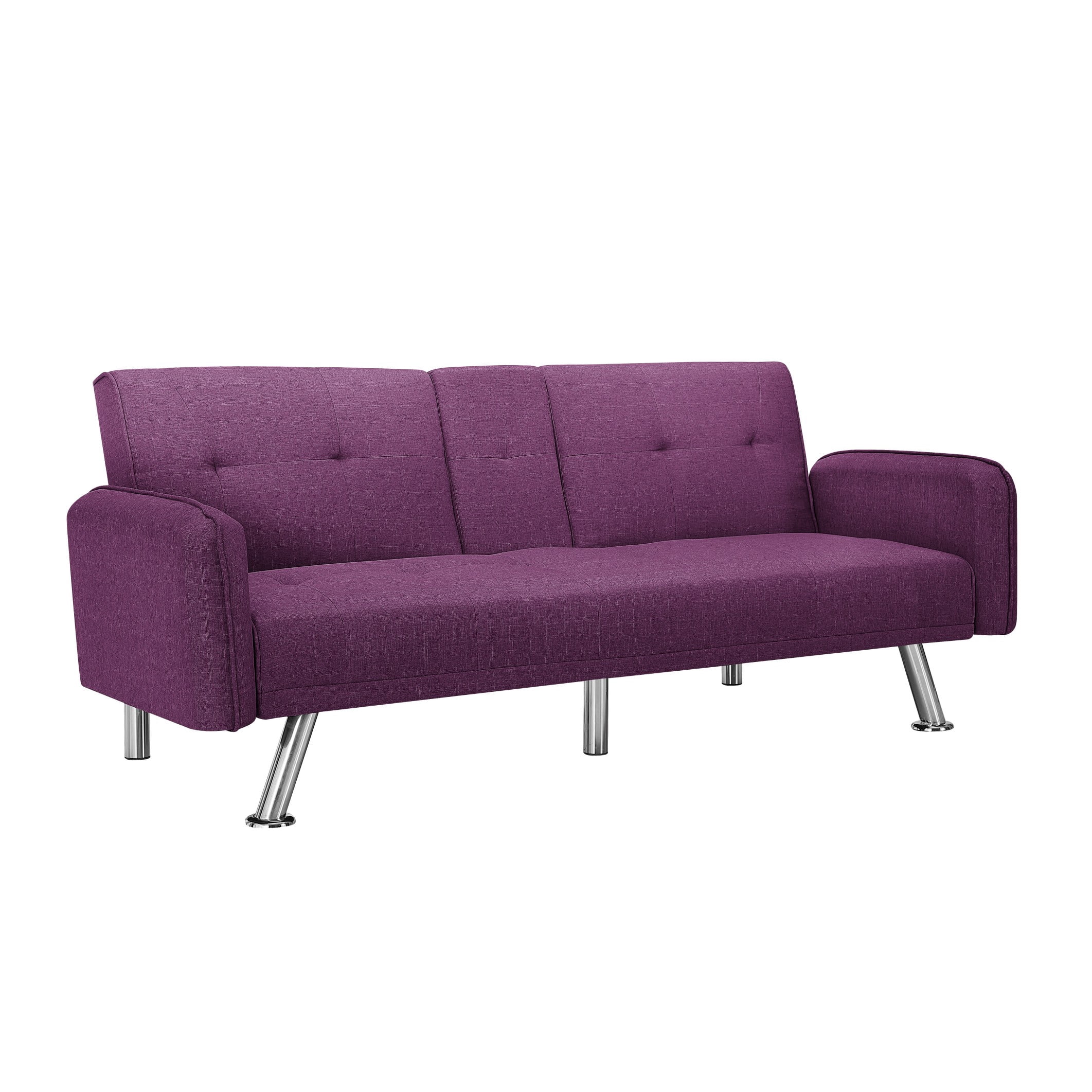 BSHTI 74.4" Futon Sleeper Sofa Bed with Drop-Down Middle Back & 2 Cup Holders – 3-Position Adjustable Backrest, Linen Upholstery, Chrome Metal Legs, for Home, Office, Guest Room,Purple