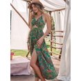 thumbnail image 3 of Women'S Dress Hollow Pleated Halterneck Printed Dress with V Neck Maxi Dress for Women Green L, 3 of 6