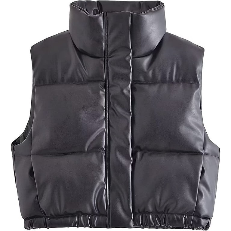 DanceeMangoos Women s Cropped Faux Leather Puffer Vest Zip Up Quilted Sleeveless Padded Gilet with Pockets