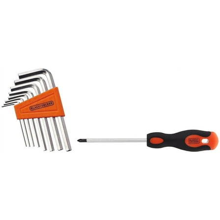 Black   Decker BDHT81593 Steel Hexkey Set (Orange, 8-Pieces)-1.5, 2, 2.5, 3, 4, 5, 5.5, 6 mm | Fixed Square and Hex & BLACK DECKER BDHT62296 Steel Screwdriver-PH1x100mm (Orange & Black)