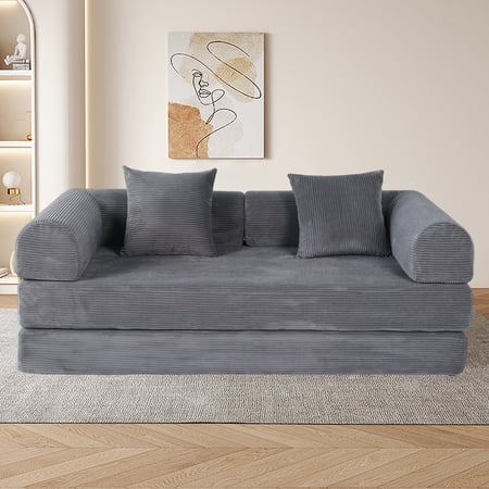 2-in-1 Foldable Sofa Bed 75 Inch Folding Couch Convertible Compressed Sleeper Sofabed Memory Foam Faux Fur Upholstered Cloud Couch Mattress Bed 2 Pillows Grey Ash