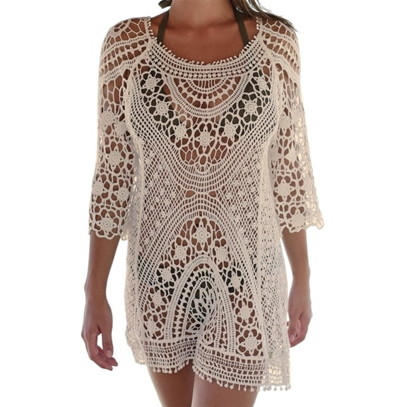 ZPAQI Womens Bikini Swimsuit Cover Up 3/4 Sleeves Hollow Out Crochet Floral Lace Mini Dress Sexy Backless Knit Beach Top