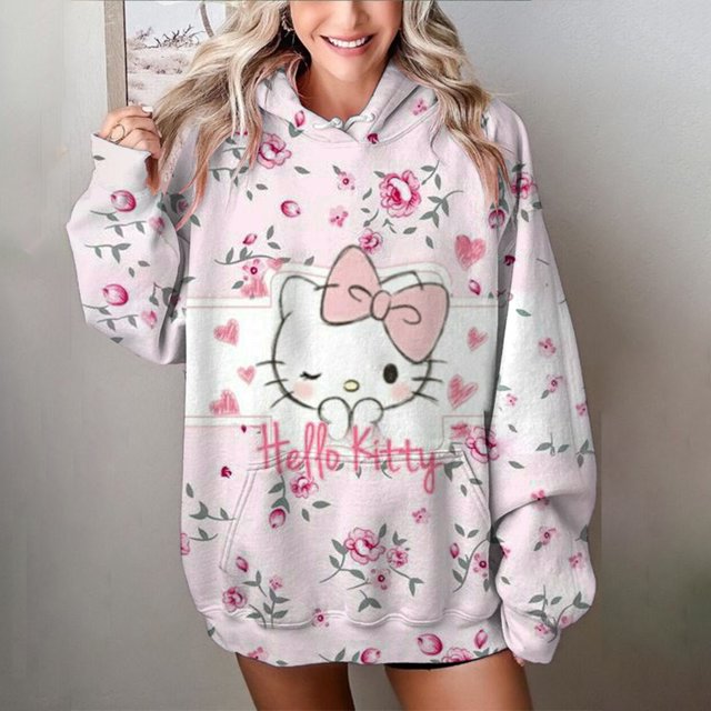 Automne Hiver Femmes Décontracté Mignon Hello Kitty Imprimé Manches Longues Chandail à Cordon Style Mignon Chandail à Capuche 2024