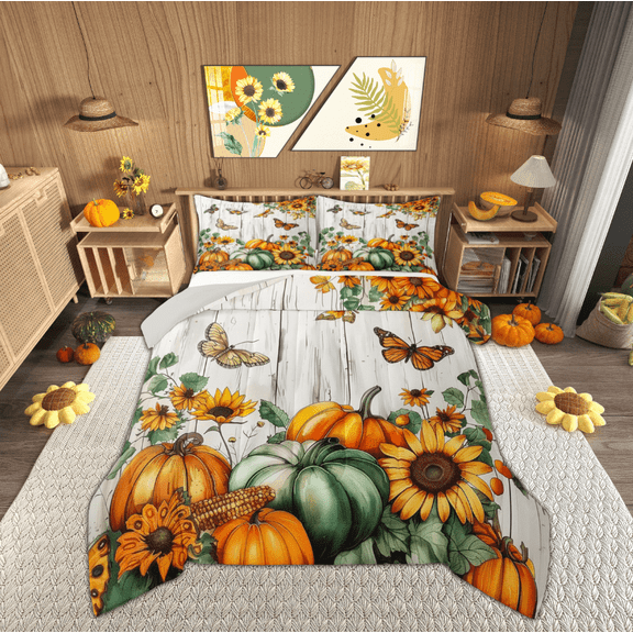 Manfei Autumn Pumpkin Bedding Sets Twin with Comforter, Vibrant Sunflower Duvet Insert, Rustic Farmhouse Reversible Comforter Sets Twin Size, Breathable Bedroom Decorative, 2pcs