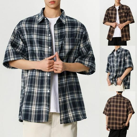 Xunlbb Men's Shirts Mens Casual Button Down Shirts Men's Casual Check Button Pocket Lapel Fashion Long Sleeve Shirt on Clearance, M-3XL