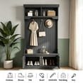 thumbnail image 4 of PUKNLY Hall Tree with Bench and Shoe Storage, 64" Farmhouse Entryway Coat Rack with 3 Hooks & Top Shelf, Space Saving Mudroom Rack & Shoe Bench, 2 Top Cubbies Storage for Entryway Living Room,Black, 4 of 6