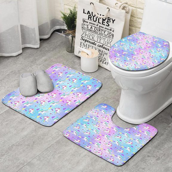 Gradient Unicorn Pattern Bathroom Rugs Sets 3 Piece,Toilet Cover Set,Absorbent Non Slip Bathroom Mats Sets with U-Shaped Contour Rug Toilet Rug Set