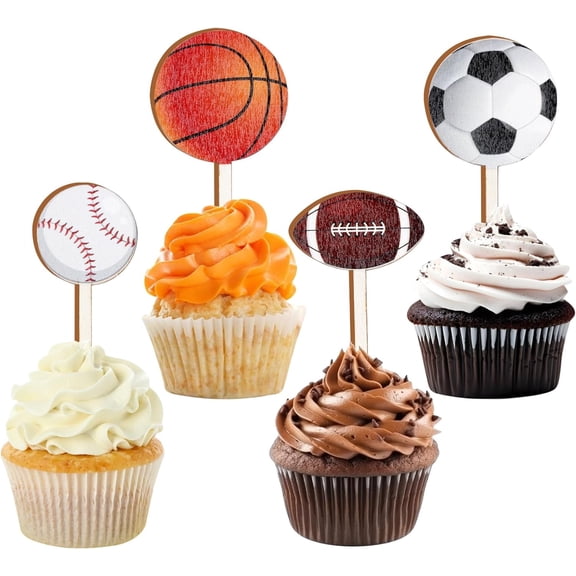 16PCS Sports Cupcake Toppers Wooden Basketball Football Baseball Soccer Cake Toppers for All Sports Party Decorations Birthday Baby Shower Supplies