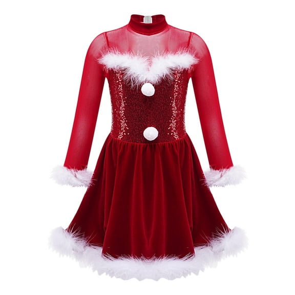 Miutii Kids Girls Shiny Sequin Long Sleeve Feather Christmas Dance Dress Ballet Figure Skating Leotard Red 8