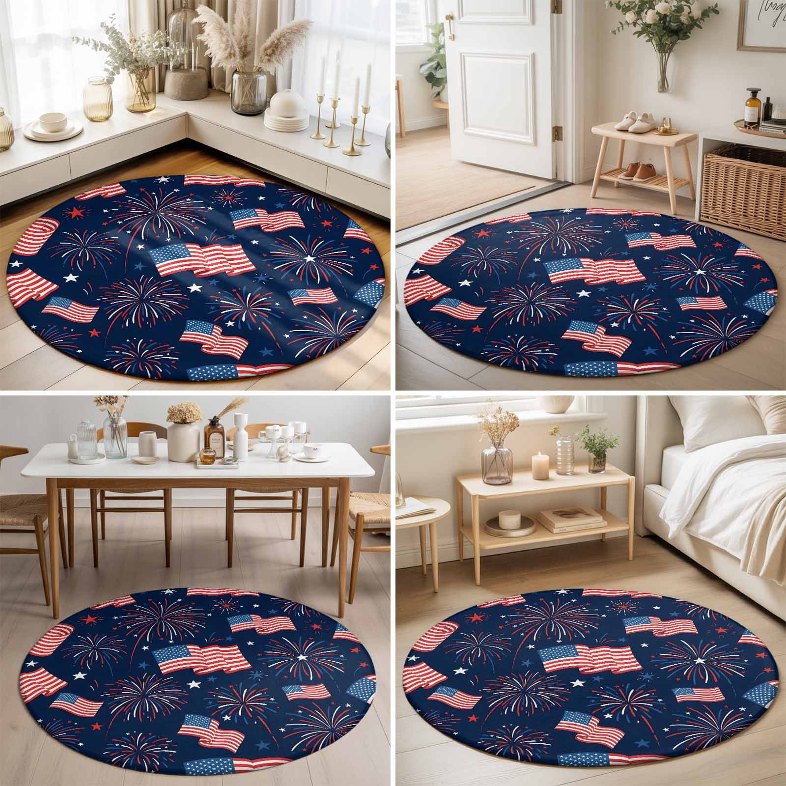 Small Round Rug 3Ft, 4th of July Non-Slip Washable Circle Rugs Carpet, Independent Day American Flag Stars Red Blue Indoor Outdoor Rug Floor Mats Throw Runner for Bedroom Living Room Bathroom