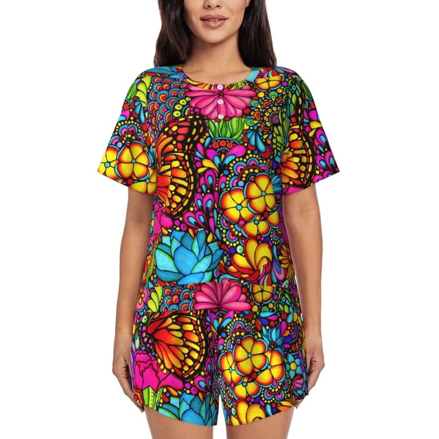 Balery Butterfly Garden Conjunto de Pijama para Mujer con Estampado, Dos Piezas de Manga Corta y Shorts, Ropa de Dormir Suave con Cuello Redondo y Bolsillos-Large