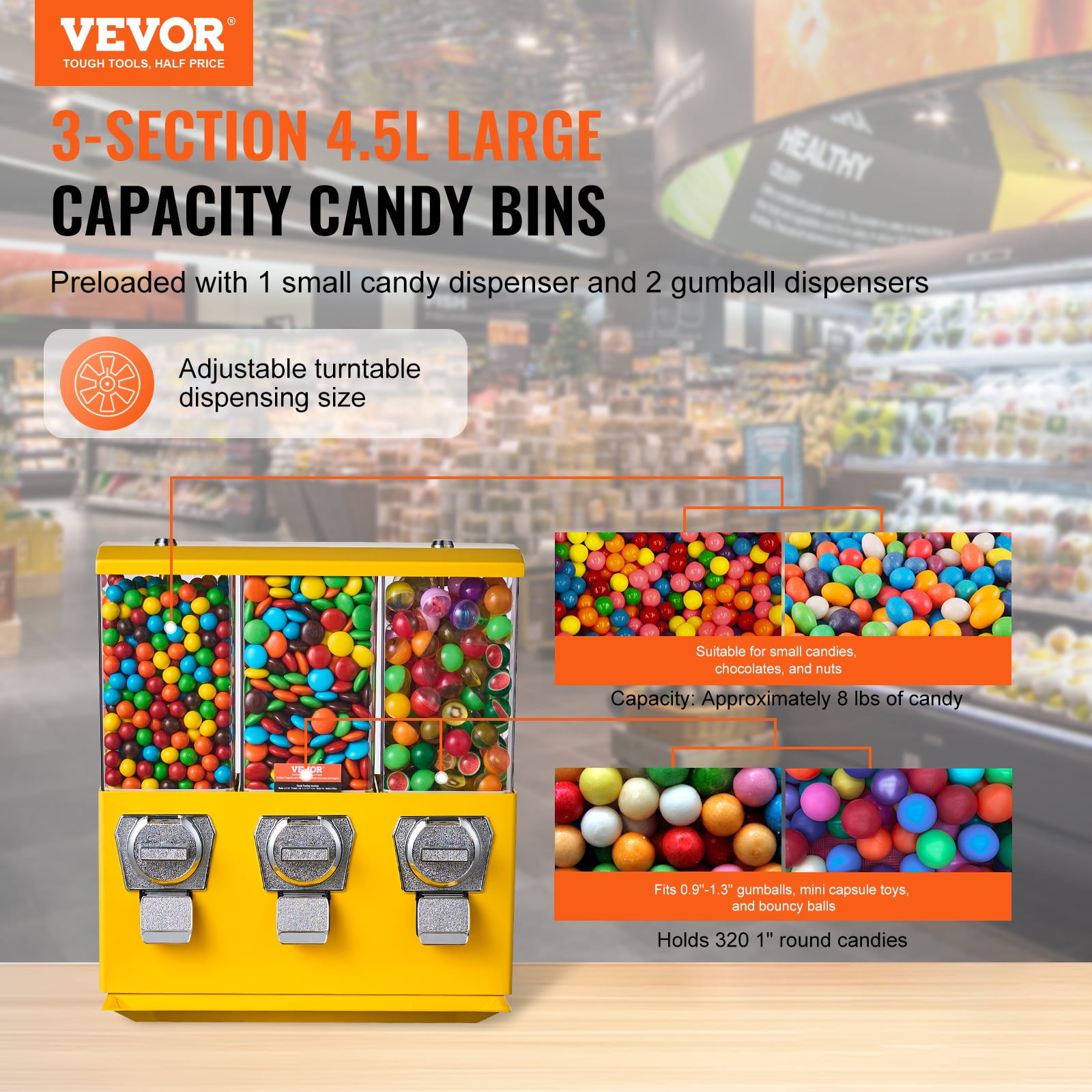 VEVOR Commercial Vending Machine, Triple Compartment Candy Dispenser with Iron Stand, Gumball and Candy Machine for Business,Coin Operated Gumball Bank for Toy Capsules Bouncy Balls Candy Nut,Yellow