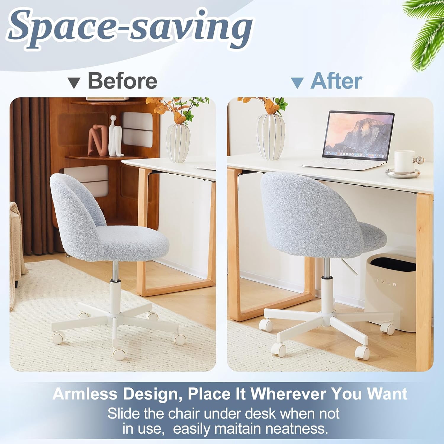 Matladin Modern Vanity Chair with Back, Silent Wheels, Velvet Desk Chair for Girls, Small Office Chair, Stylish and Comfortable