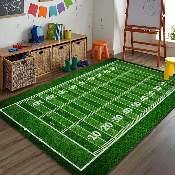 DERONA Washable Indoor And Outdoor Rug Area Soft Rug American Football Field On Grass Floor Rugs Table Chair Mats Home Living Room Coffee Table Non-Slip Carpet Home