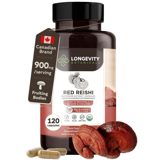 C�psulas de extracto org�nico de hongo reishi Longevity Botanicals (120) | Concentrado 10:1 | 100 % de cuerpos fruct�feros | Suplemento de Lingzhi (G