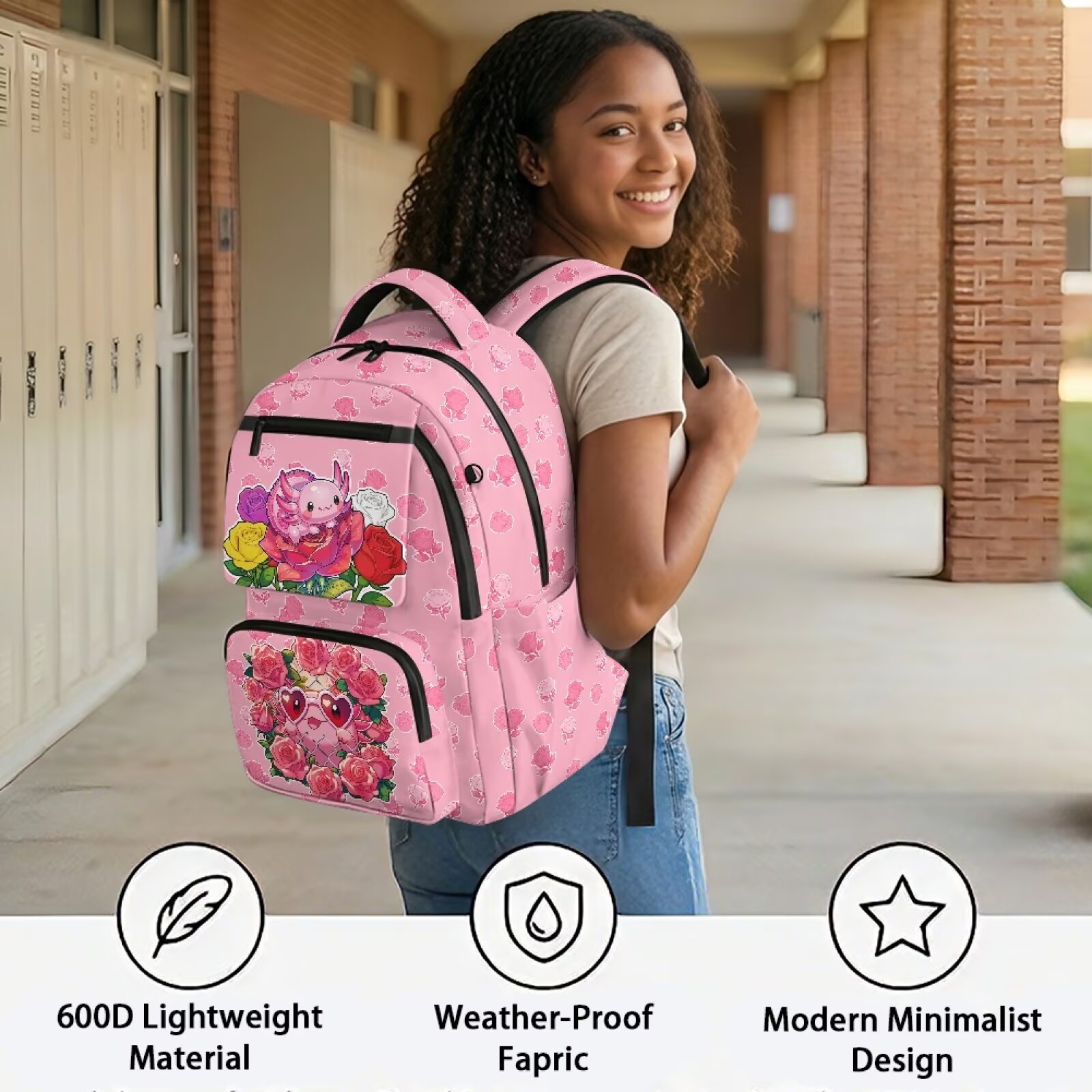 Mochilas Axolotl con flores de rosa para niñas, casuales y portátiles, bolsos escolares de 17 pulgadas, mochilas de hombro con cierre y transpirables para estudiantes 4