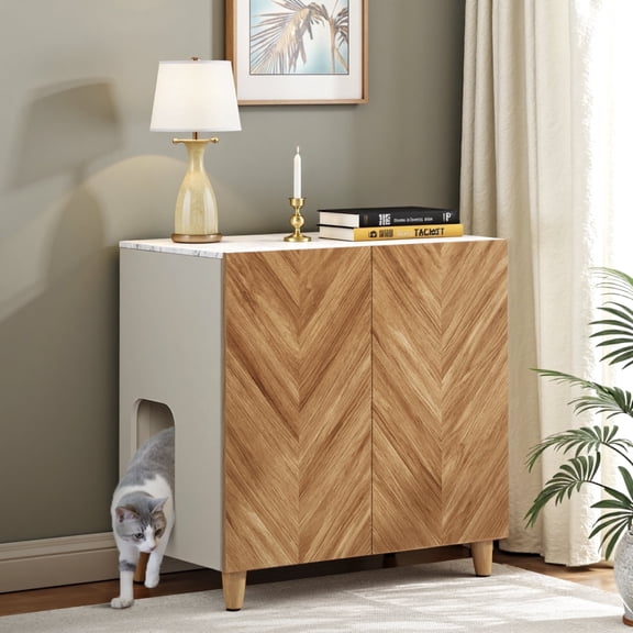 WHIFEA 32" Wooden Cat Litter Box Enclosure - Hidden Cat Washroom with Ventilation & Deep Design, Fits Most Litter Boxes for Living Room, Bedroom