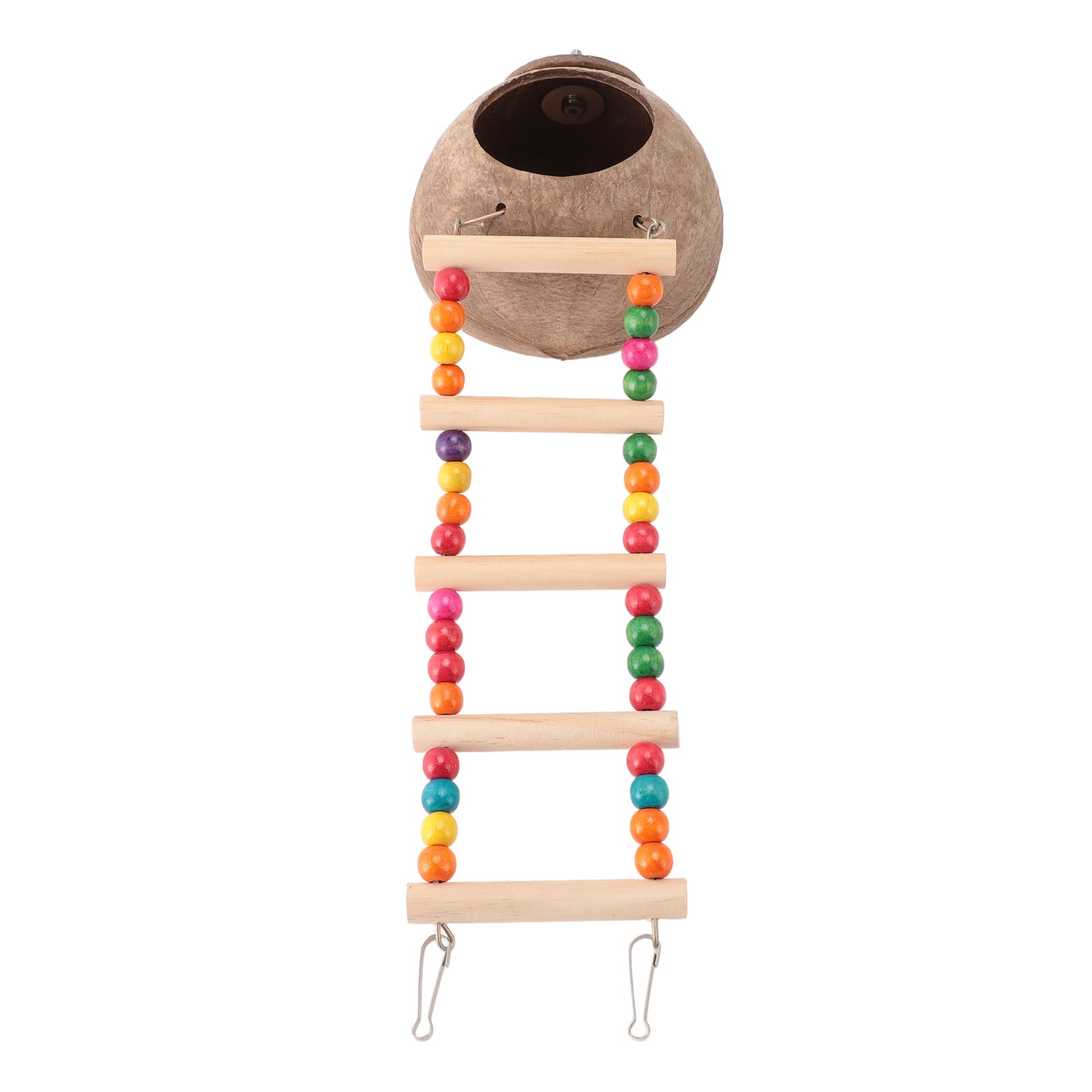 Riousery Hanging Coconut Bird House with Wooden Ladder Natural Shell Hideaway Nesting Habitat Pet Hut Toy for Parakeets Finches Hamsters Small Animals 9.84 inches / 25 cm Indoor Birdcage Accessory
