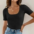 thumbnail image 2 of Women's Short Sleeve Square Neck T Shirts 2024 Summer Slim Fitted Ribbed Knit Basic Casual Tee Tops, 2 of 6