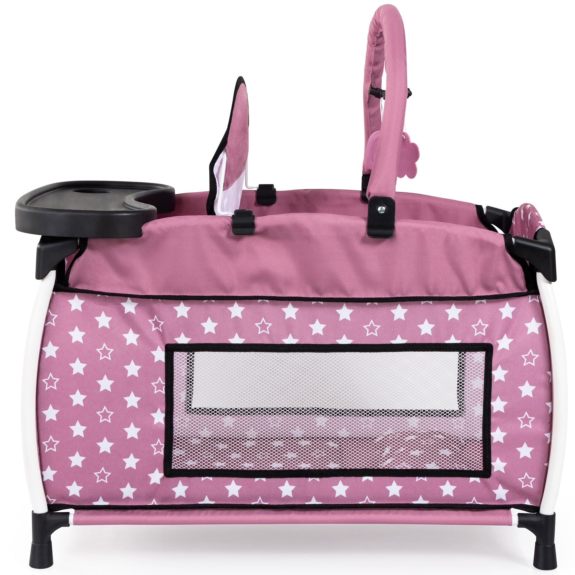 Bayer Design: Doll Multi-Bed - Pink & White Stars - Sleep Playpen, Built-In Feeding Highchair, Pillow-Blanket, Toy Care Center Fits 18" Dolls, Kids 3+
