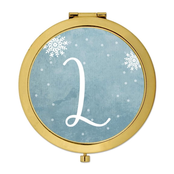 Koyal Wholesale Gold Compact Mirror Bridesmaid's Wedding Gift, Blue Winter Snowflakes, Monogram Letter L, 1-Pack