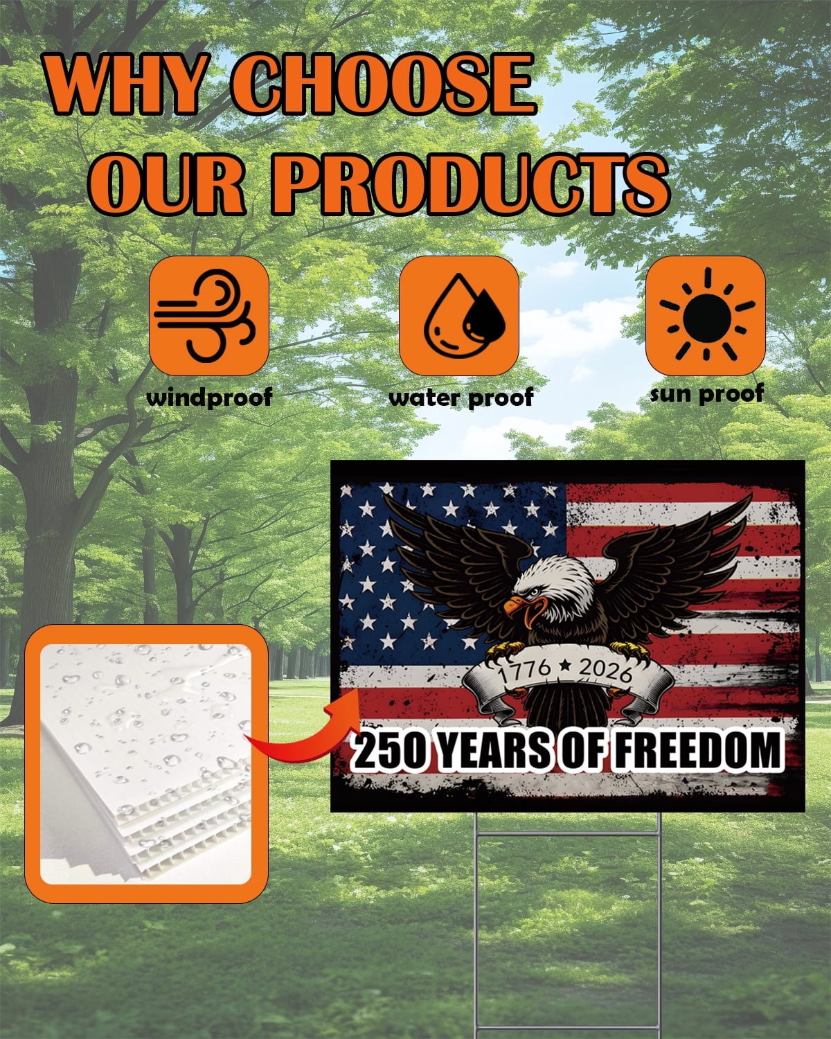 250th Anniversary Patriotic Yard Sign 12" x 17" with H Stakes, American Flag Eagle 1776-2026 Waterproof Independence Day Lawn and Garden Decor, 250 Years of Freedom Outdoor Welcome Sign