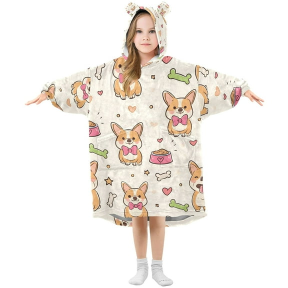 joogoo Wearable Blanket Hoodie for Cute Corgi Dogs Bones Oversized Sherpa Hooded 3-14 YR M