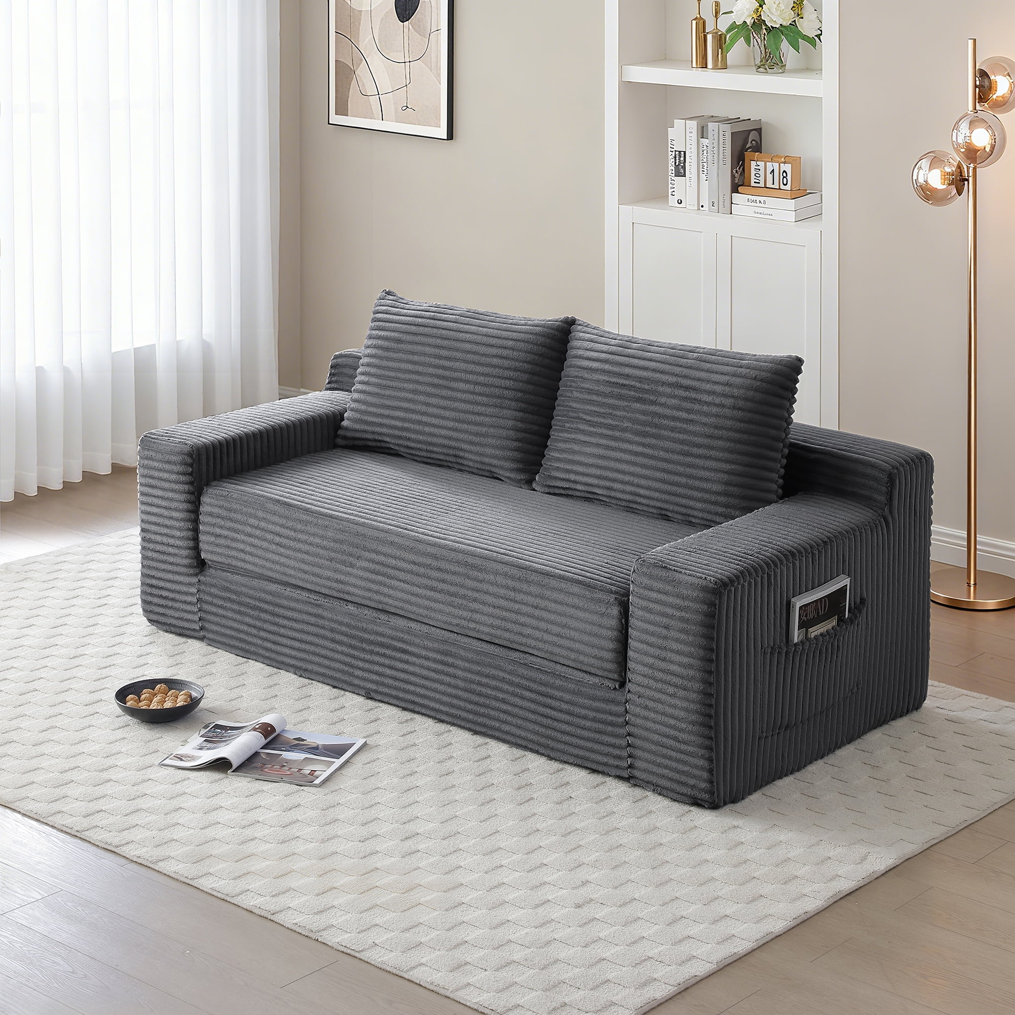 Miniyam Cloud Loveseat Sofa, 2 in 1 Convertible Folding Couch Bed, No Assembly Compressed Corduroy Floor Lounge Sofa for Apartment Office, Grey