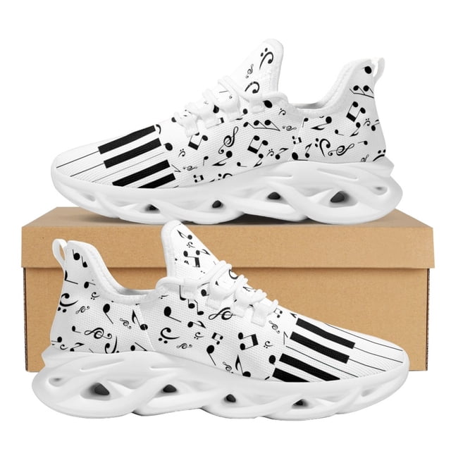 Zapatillas de deporte de moda para mujer con diseño de hojas y música, teclas de piano en blanco y negro, antideslizantes, de malla suave y personalizadas.