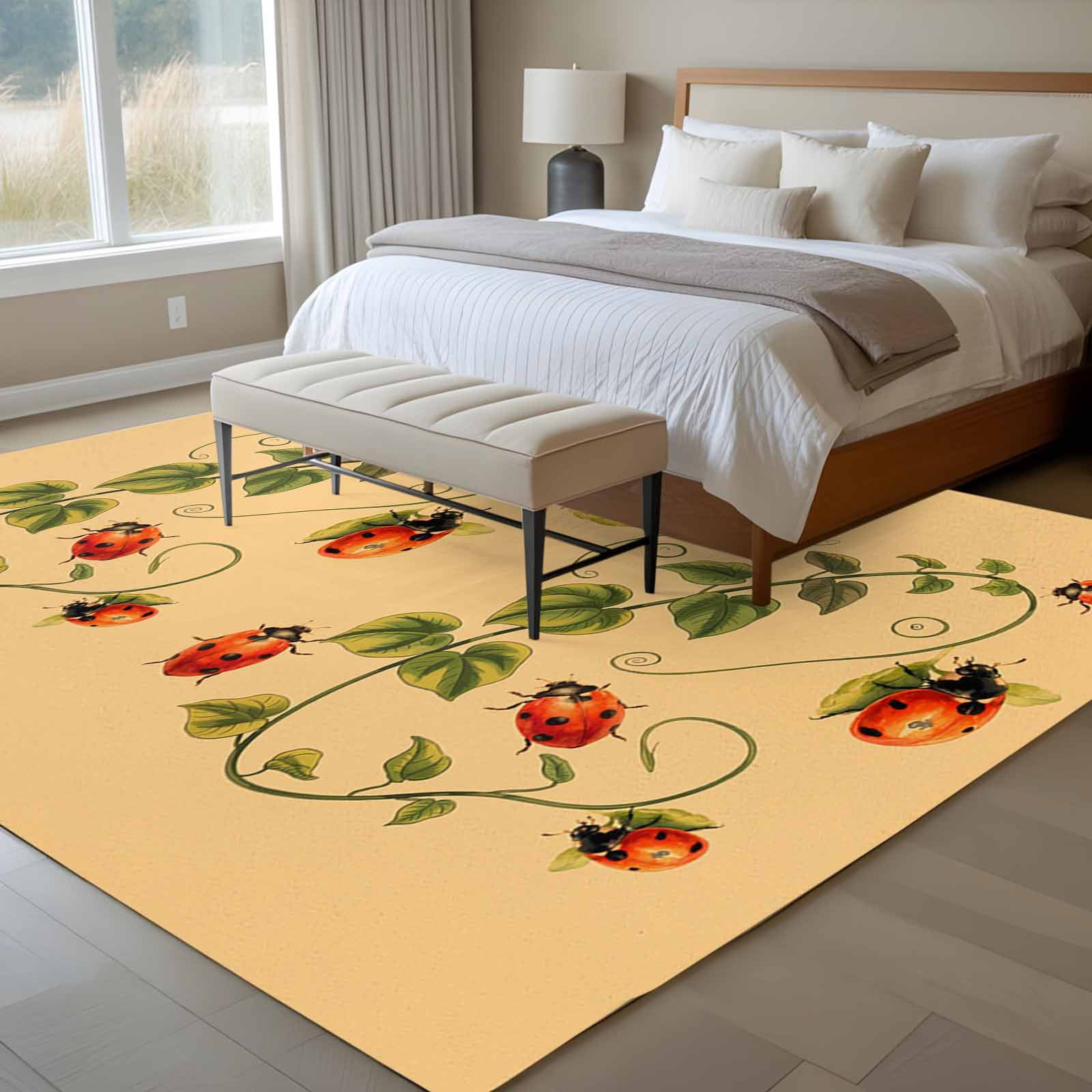 Ladybugs Eucalyptus Area Rugs 5'x7', Washable Small Throw Rugs for Laundry Room Playroom, Spring Botanical Leaves Yellow Indoor Outdoor Rug Non-Slip Low Pile Carpet Runner Reversible Floor Mats